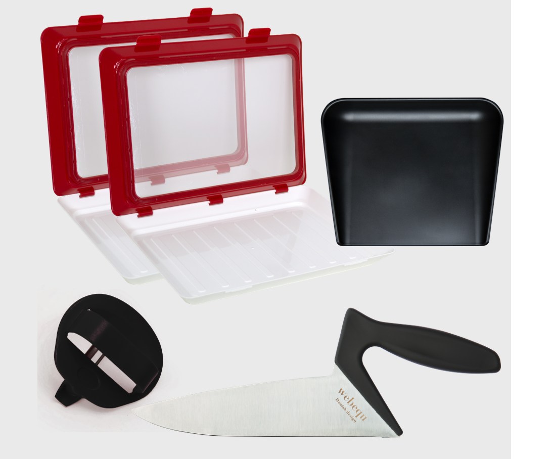 Bundle offer #1: 2 pieces of CleverTrays, ergonomic Chef's knife, high-edged cutting board and an ergonomic peeler.