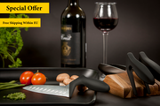 Complete webequ Bundle Offer: 1 Spill Safe Cutting Board + 3 knives + 1 Acacia Wood Knife Block + 1 Finger Peeler (Free)
