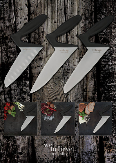 Complete webequ Bundle Offer: 1 Spill Safe Cutting Board + 3 knives + 1 Acacia Wood Knife Block + 1 Finger Peeler (Free)